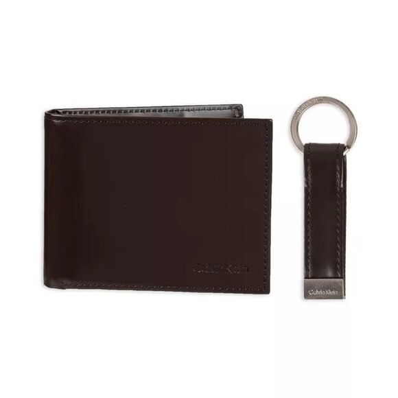 NIP Calvin Klein Men's RFID XCAP Slimfold Wallet & Key Fob Set Leather Brown - Picture 1 of 7